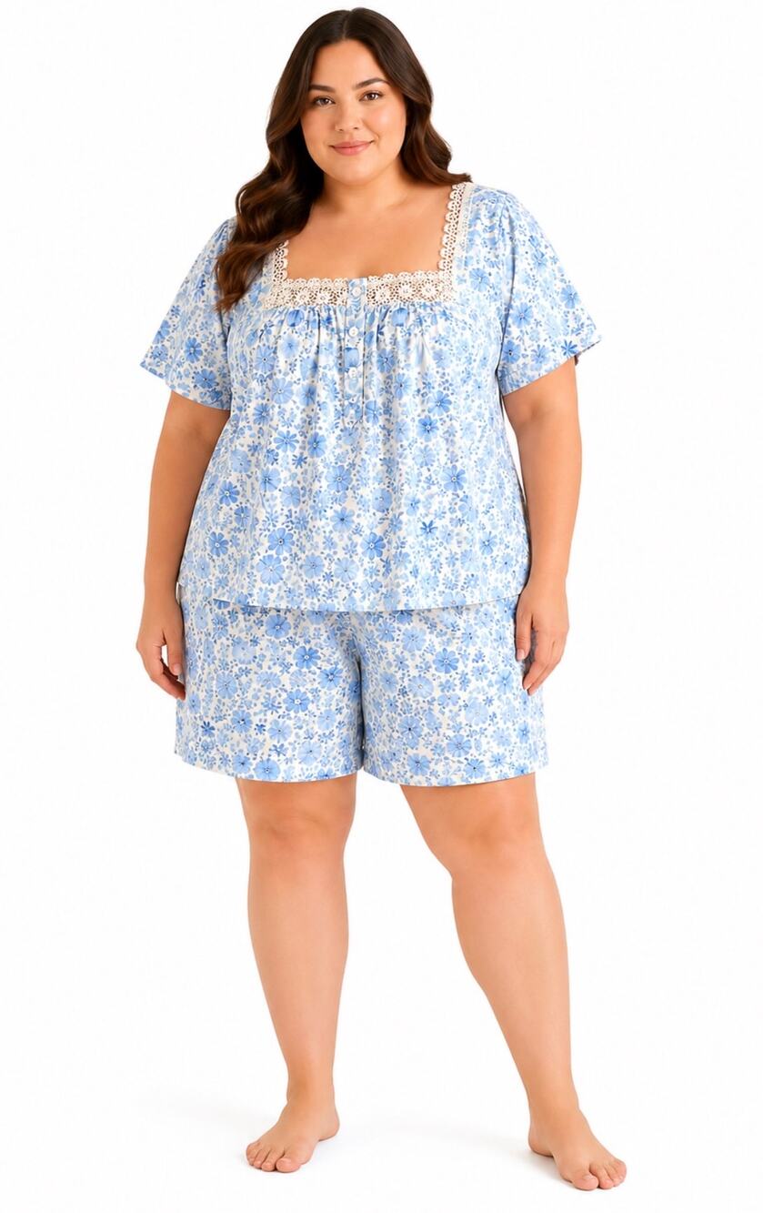 Catherine Malandrino Blue Floral Short Pajama Set with Lace Trim